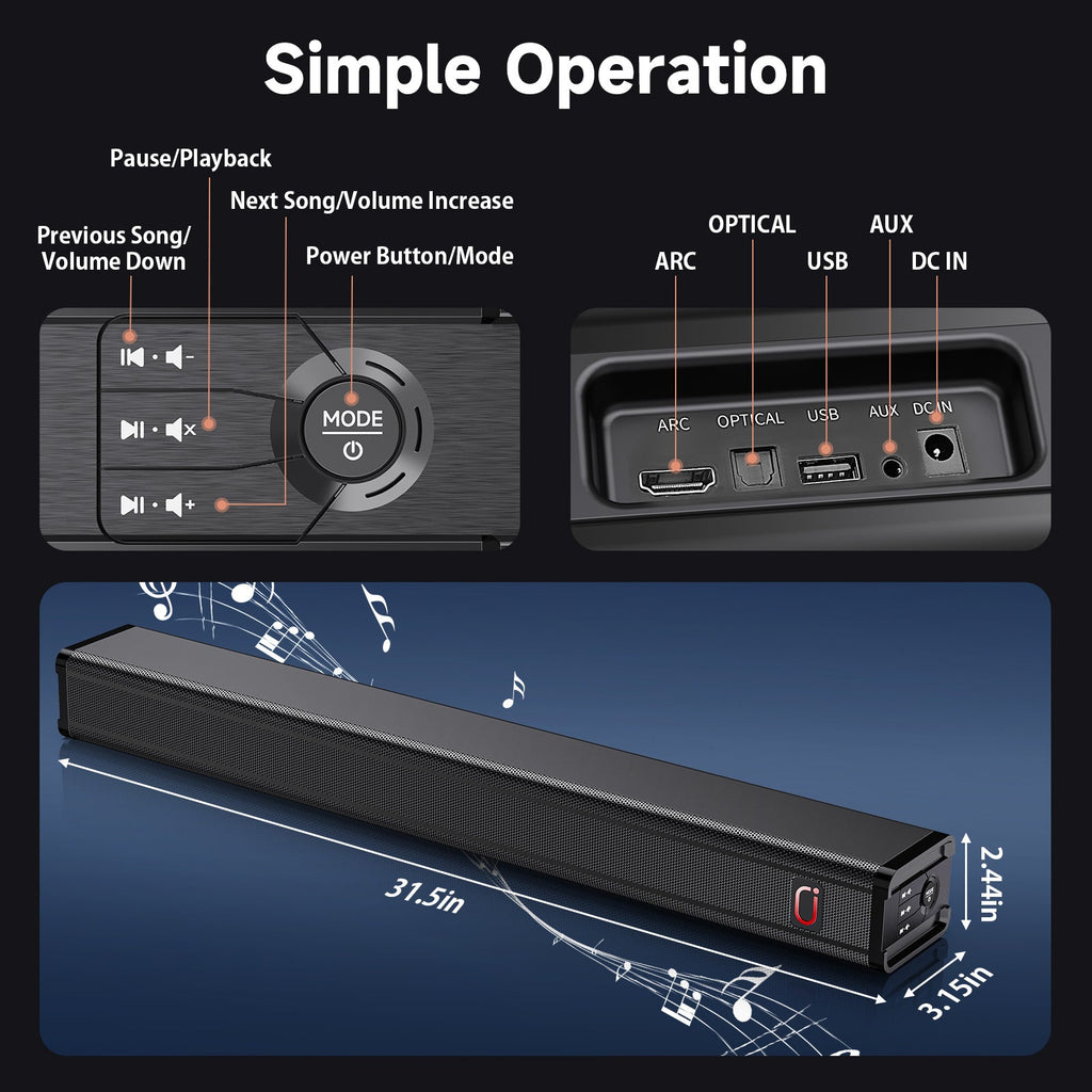 31.5in Soundbar For TV & 3D Surround Sound Bar For TV With Subwoofer &