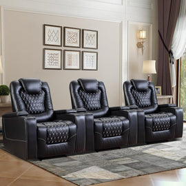 Power Recliner Chair Set Of 3 Black Leather With USB Ports