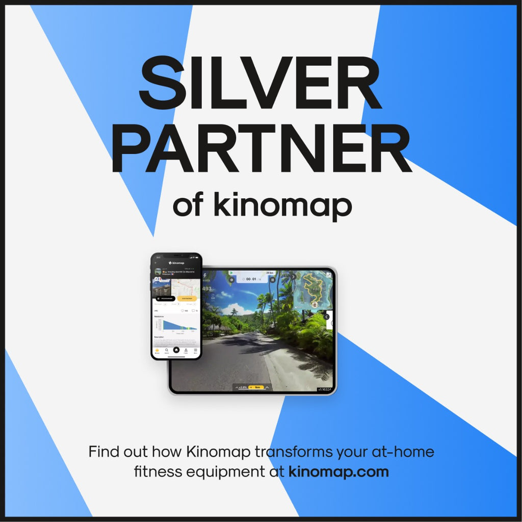 Advertisement for Kinomap with smartphone and tablet displaying app interface on a blue and white geometric background.