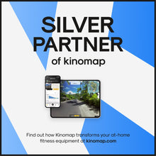 Load image into Gallery viewer, Advertisement for Kinomap with smartphone and tablet displaying app interface on a blue and white geometric background.