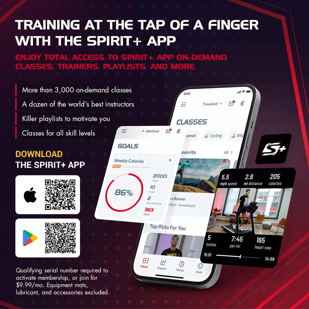 Advertisement for the Spirit+ app with smartphone screens displaying app features on a dark background.