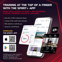 Load image into Gallery viewer, Advertisement for the Spirit+ app with smartphone screens displaying app features on a dark background.